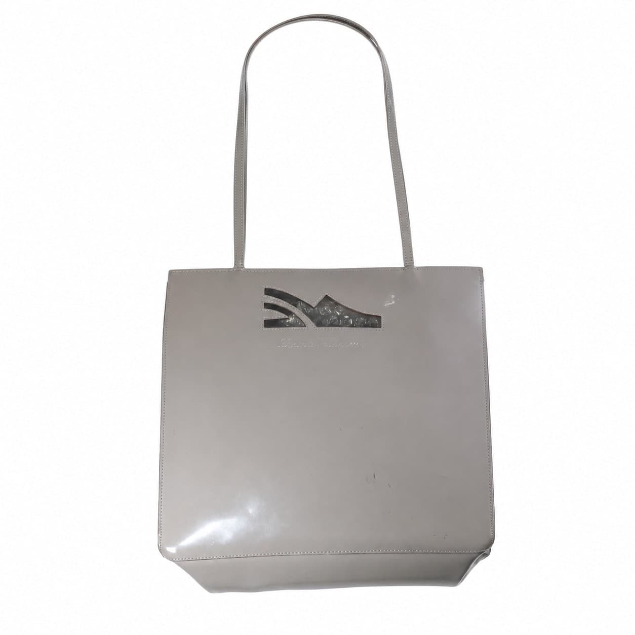 Salvatore Ferragamo Gancini Patent Leather Tote Bag Handbag Purse Taupe Gray