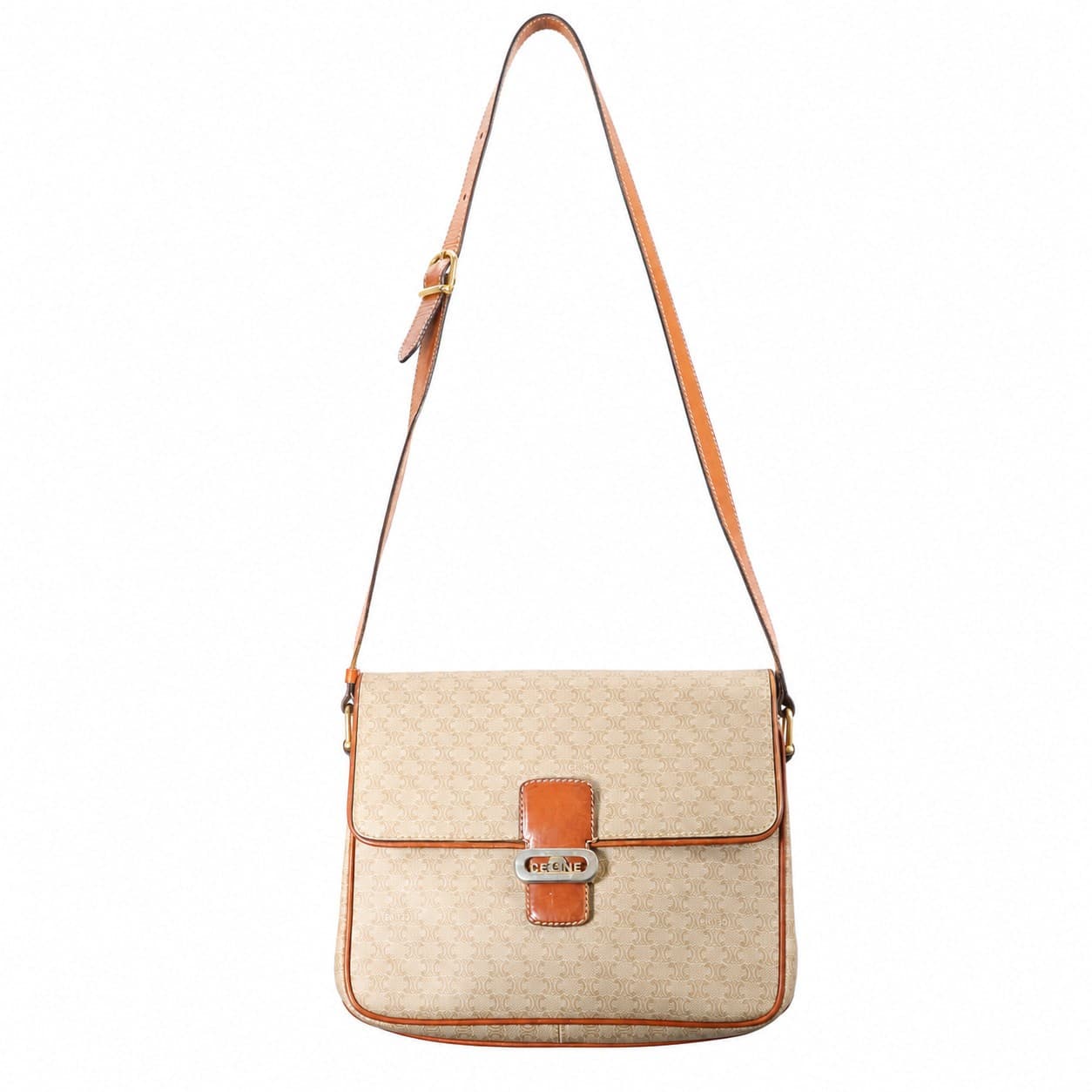 Céline Macadam Canvas Leather Crossbody Shoulder Bag Handbag Purse Beige