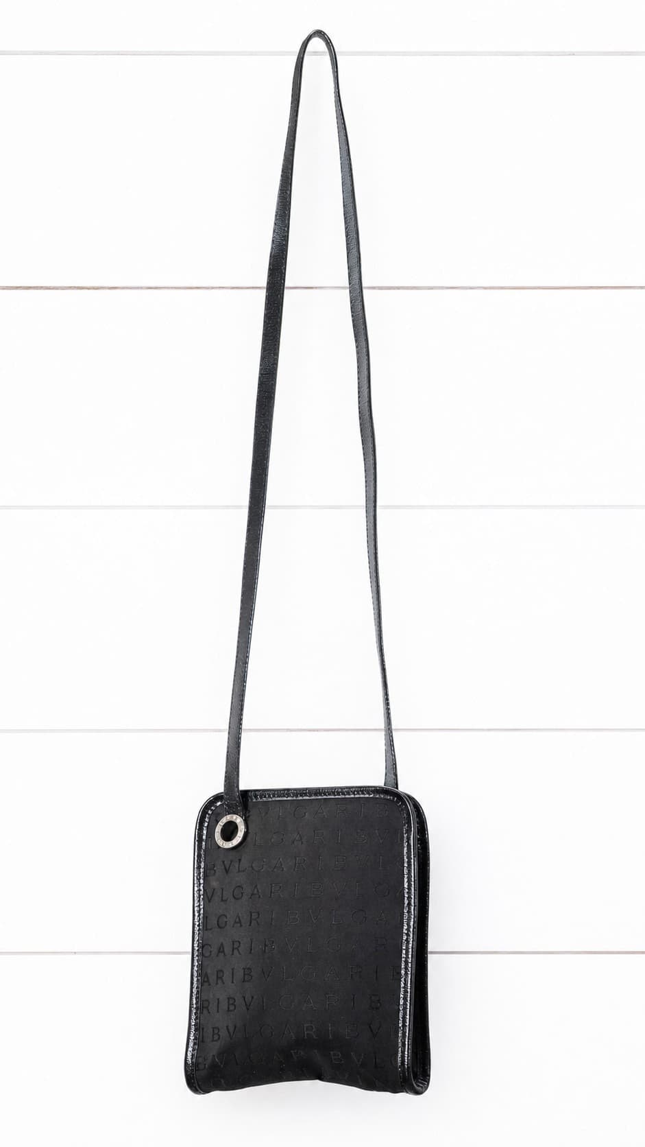 Bulgari Logo Mania Canvas Leather Black Crossbody Shoulder Bag Purse Pochette