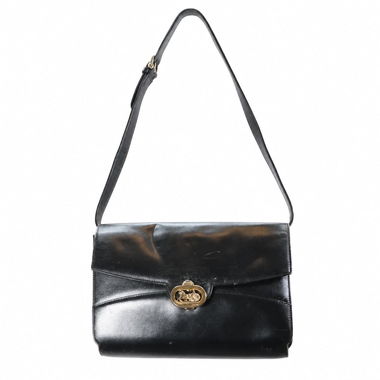 Céline Vintage Horse Carriage Black Leather Shoulder Bag Crossbody Purse
