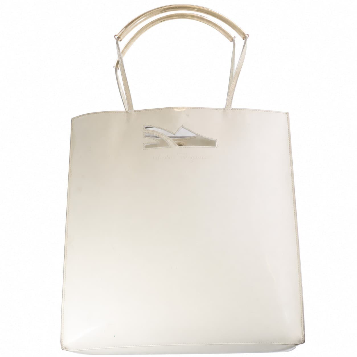 Salvatore Ferragamo Patent Leather Tote Handbag Purse Bag Ivory Shoulder Bag