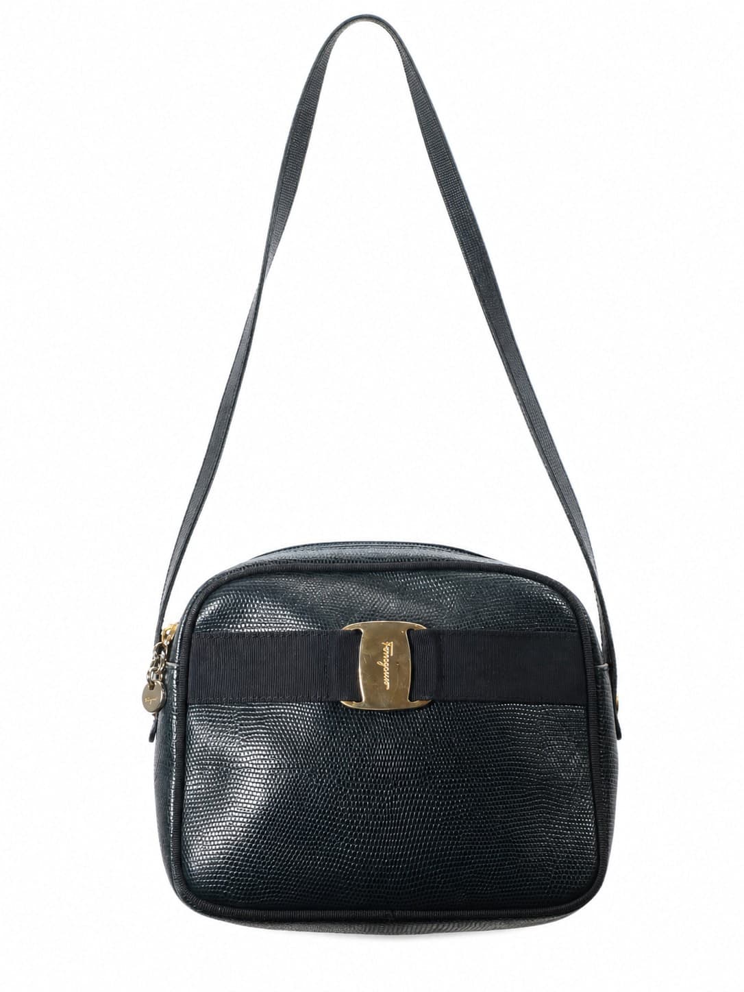 Salvatore Ferragamo Vara Bow Black Lizard Embossed Leather Crossbody Shoulder Bag Camera Bag Purse Handbag