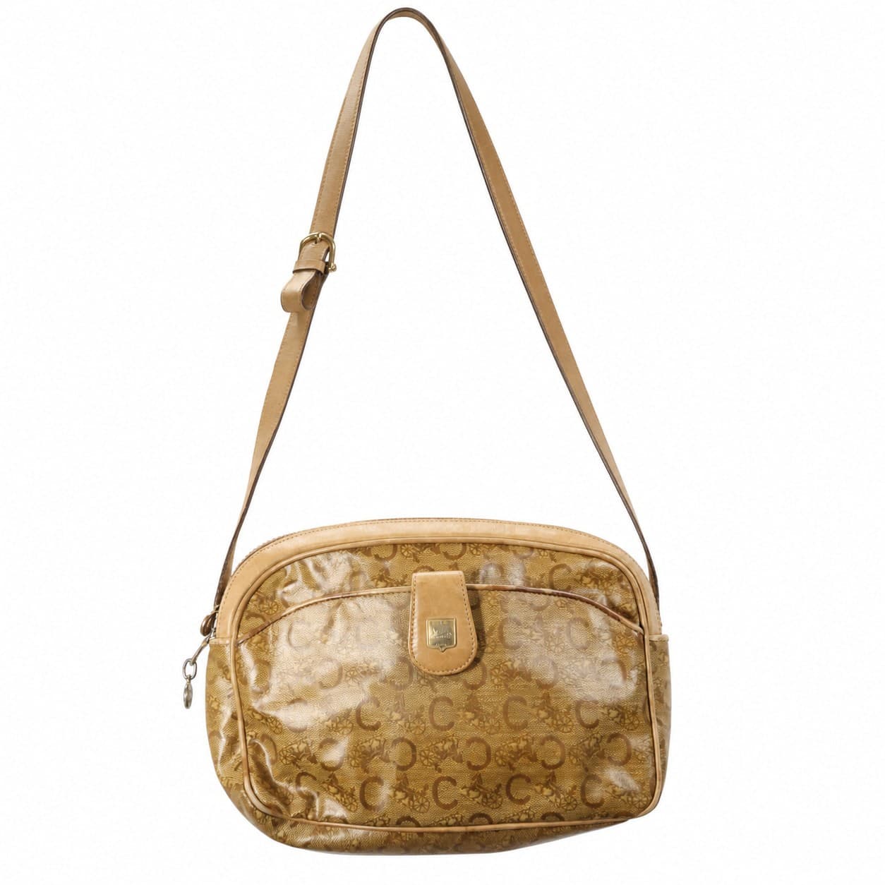 Celine Macadam Monogram Canvas Crossbody Shoulder Bag Camera Bag Beige Leather