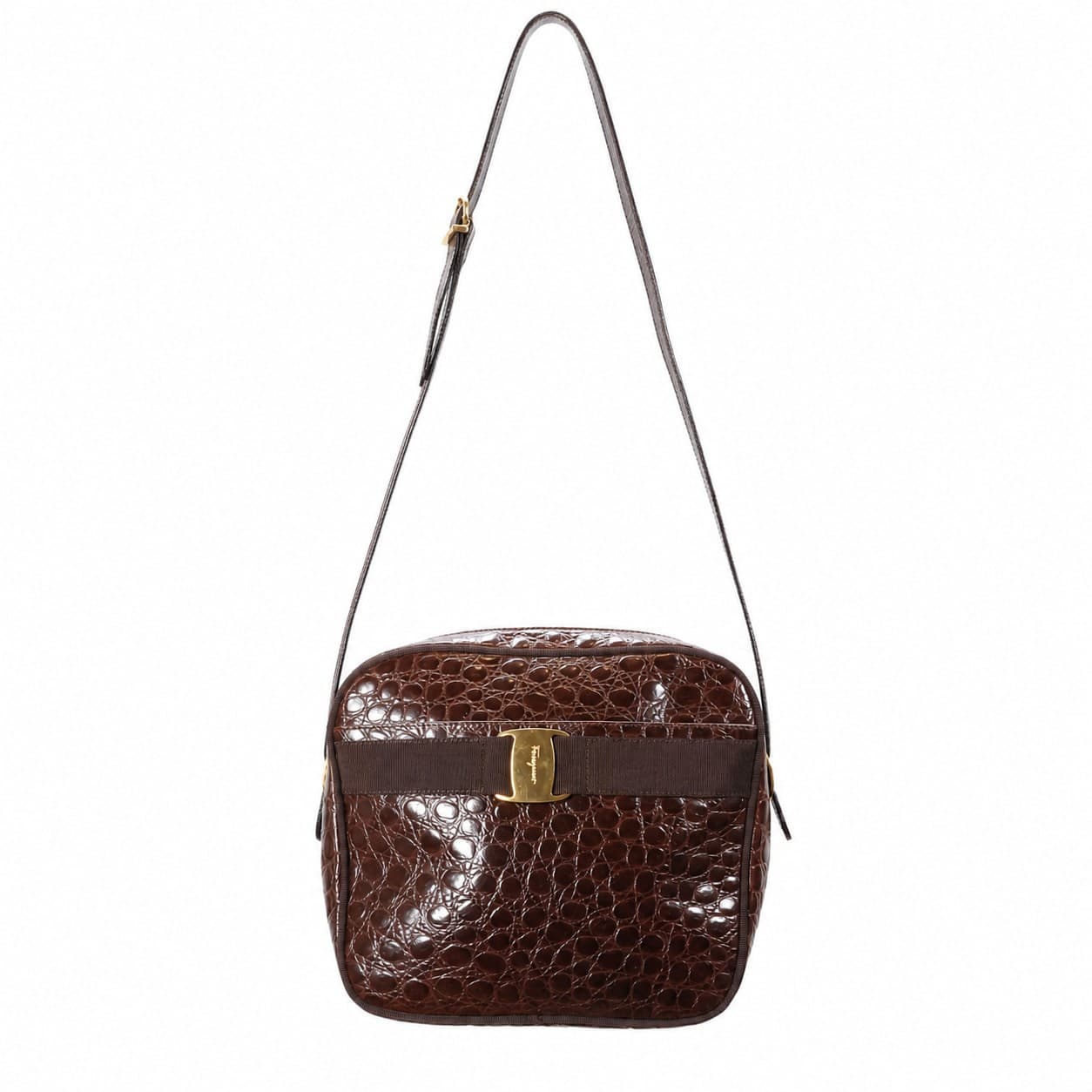 Salvatore Ferragamo Crocodile Embossed Leather Vara Bow Camera Crossbody Shoulder Bag Handbag Purse Brown