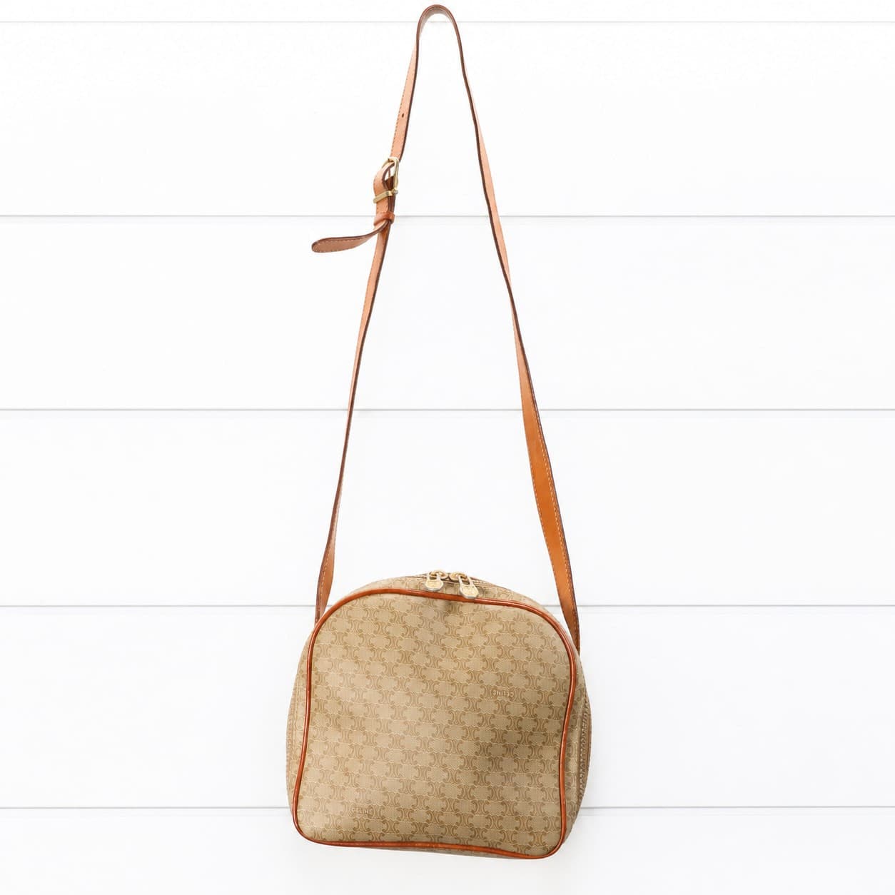 Céline Macadam Monogram Canvas Leather Crossbody Shoulder Bag Beige Brown