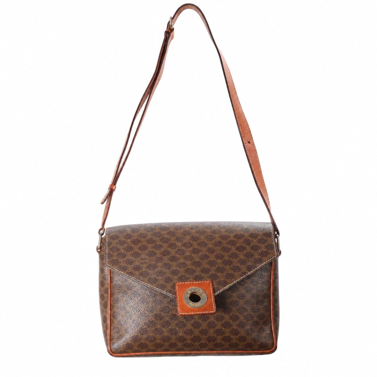 Céline Macadam Monogram Canvas Leather Crossbody Shoulder Bag Handbag Purse Brown