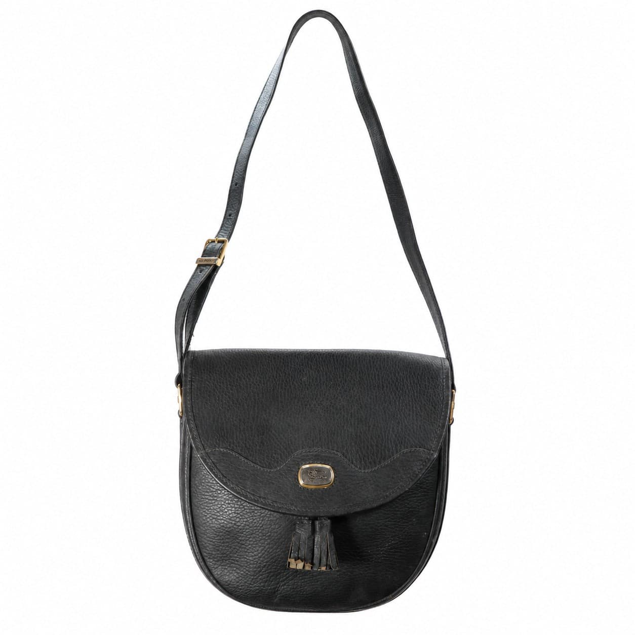 Burberrys Black Leather Crossbody Saddle Bag Shoulder Bag Purse Tassel