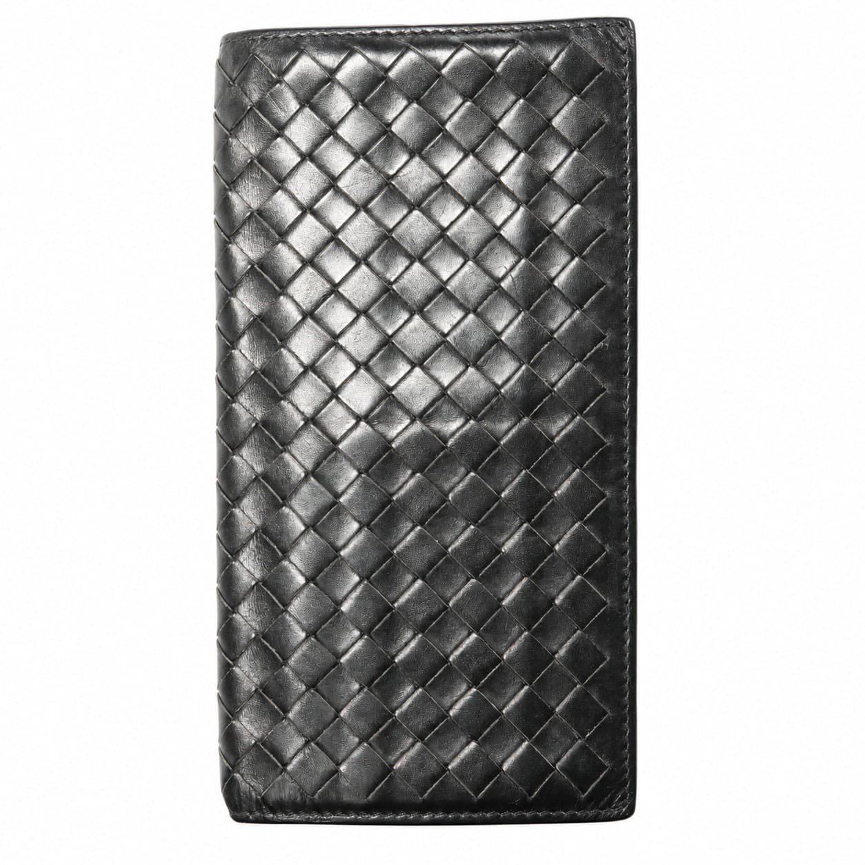 Bottega Veneta Intrecciato Woven Black Leather Long Wallet Continental