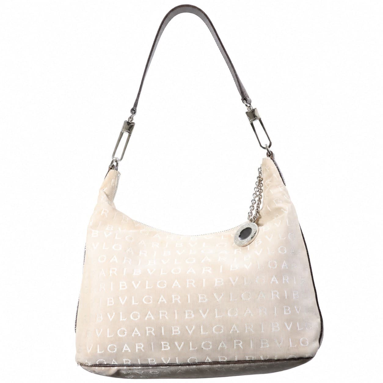Bulgari Logomania Canvas Leather Beige Shoulder Bag Hobo Handbag Purse