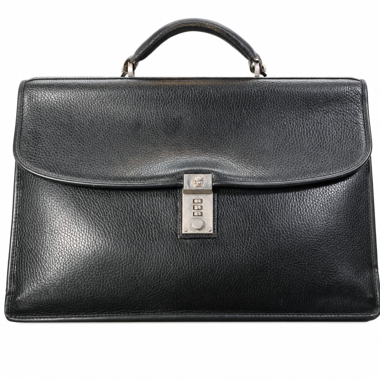Gianni Versace Black Leather Medusa Briefcase Top Handle Bag