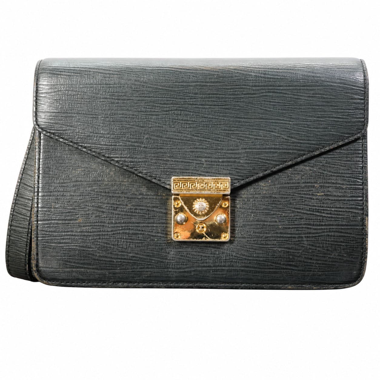 Versace Black Textured Leather Envelope Clutch Bag Purse Wristlet