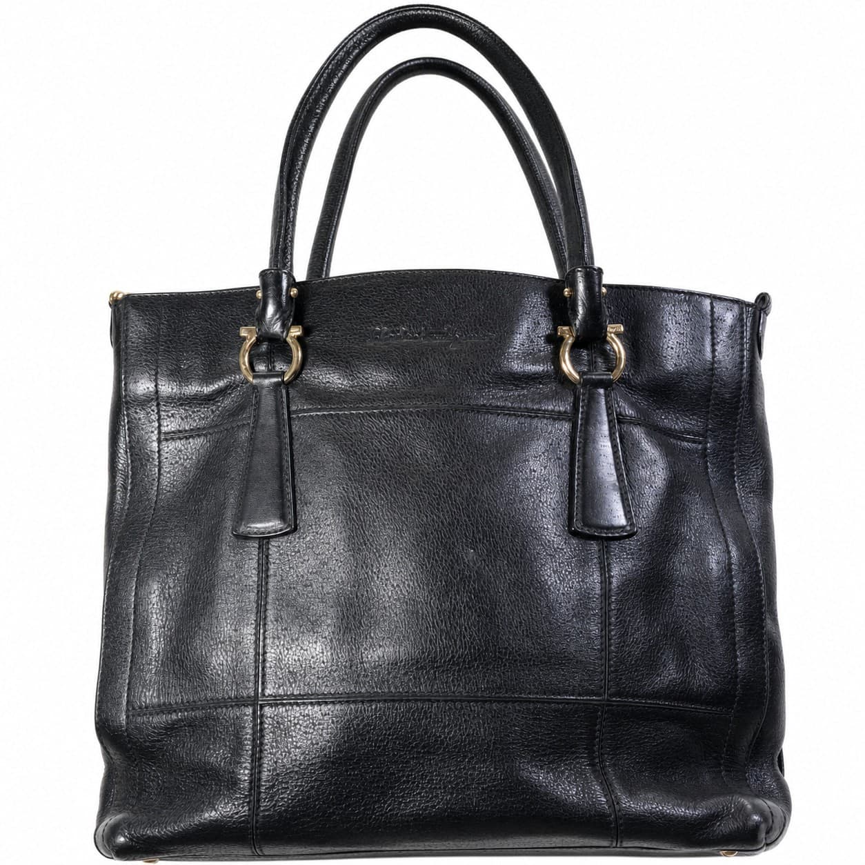 Salvatore Ferragamo Black Pebbled Leather Tote Handbag Purse Shoulder Bag