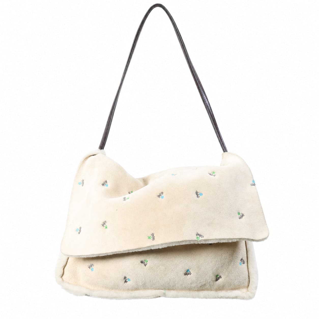 Versace Shearling Embroidered Shoulder Bag Handbag Purse Beige Leather