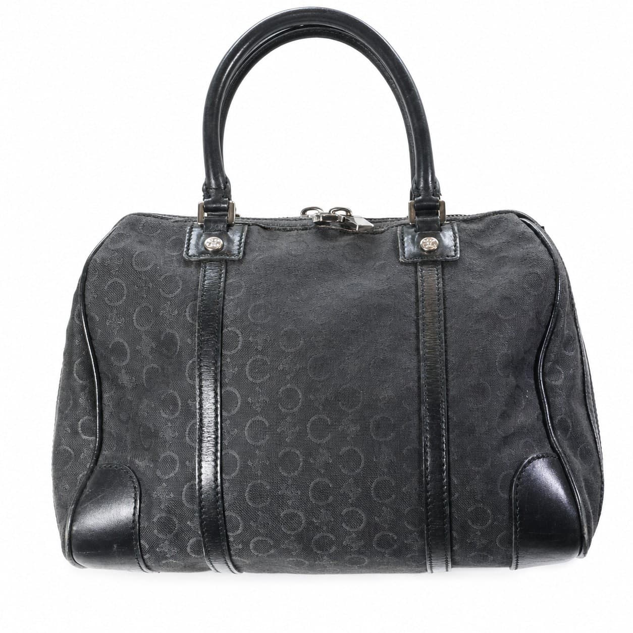 Céline Macadam Black Canvas Leather Boston Bag Handbag Purse Top Handle