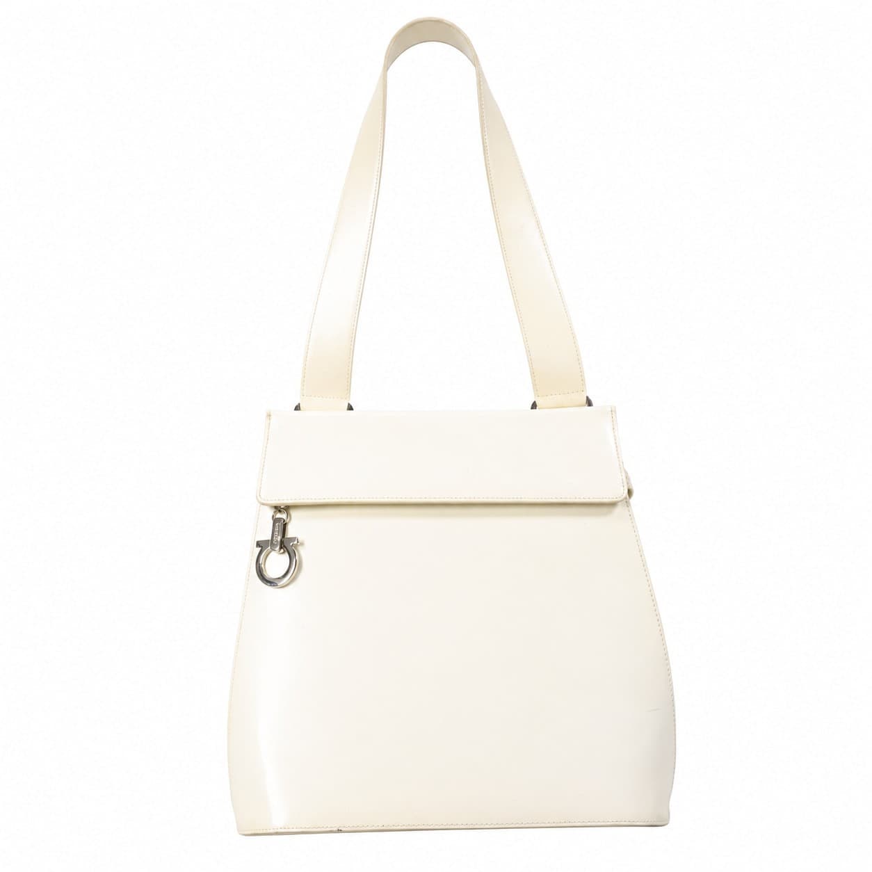 Salvatore Ferragamo Gancini Leather Shoulder Bag Handbag Purse Cream Ivory
