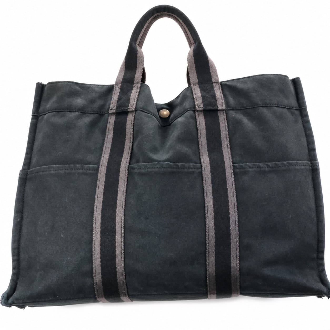 Hermès Fourre Tout MM Canvas Tote Handbag Purse Bag Grey Striped Handle