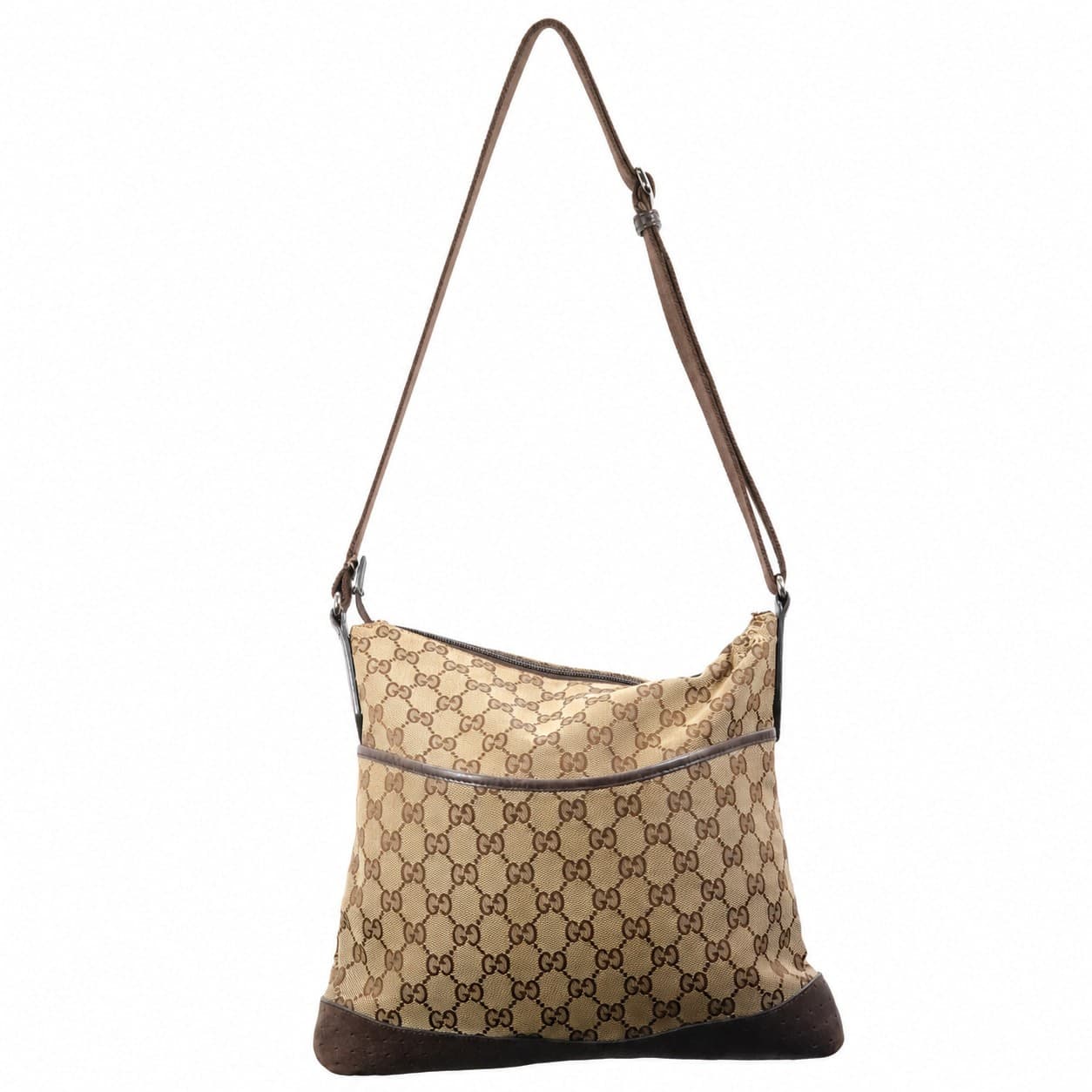 Gucci GG Canvas Crossbody Messenger Shoulder Bag Beige Brown Leather