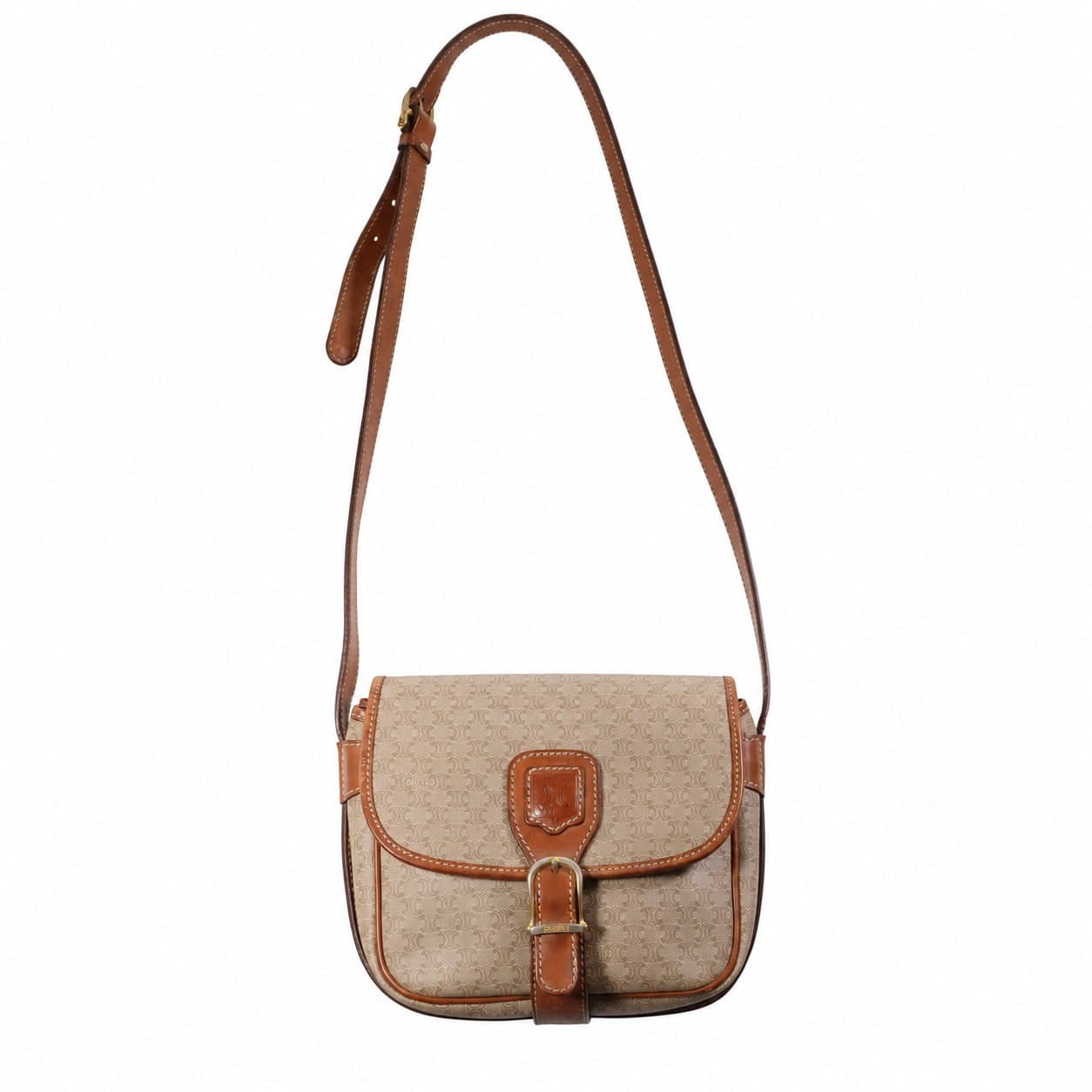 Céline Macadam Monogram Canvas Leather Crossbody Shoulder Bag Purse Beige