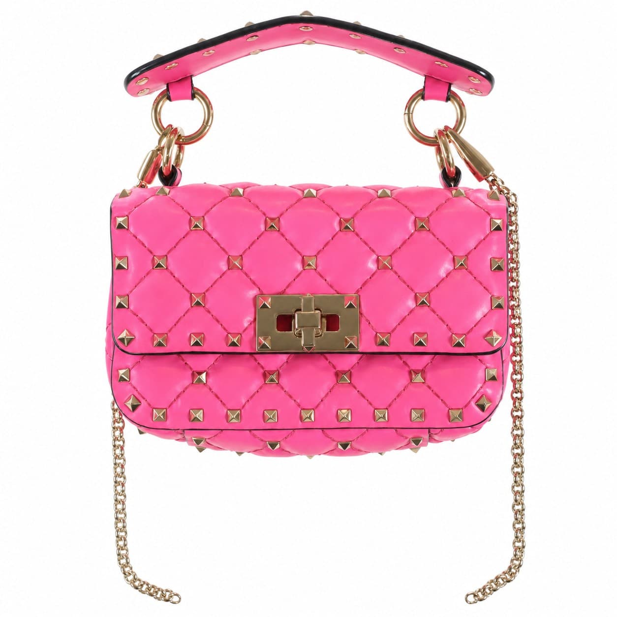 Valentino Rockstud Spike Small Quilted Leather Handbag Purse Shoulder Bag Crossbody Pink