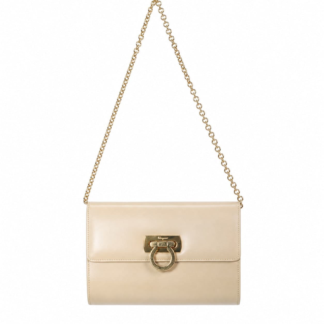 Salvatore Ferragamo Gancini Leather Beige Shoulder Bag Handbag Purse Chain Strap