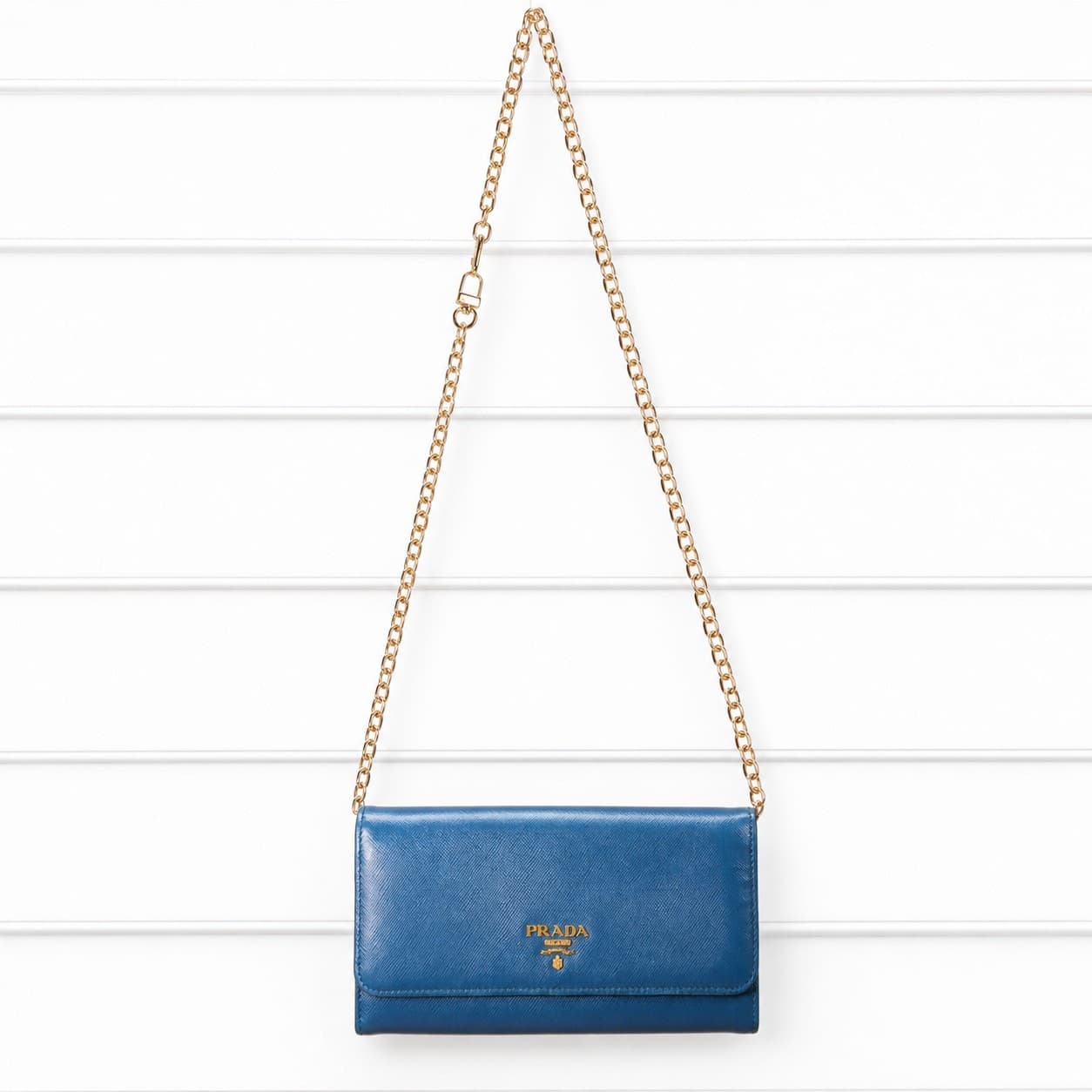 Prada Saffiano Leather Wallet Chain Crossbody Bag Handbag Purse Blue