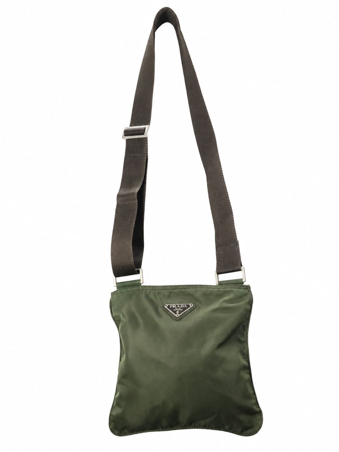 Prada Nylon Tessuto Crossbody Messenger Bag Purse Green Leather Trim