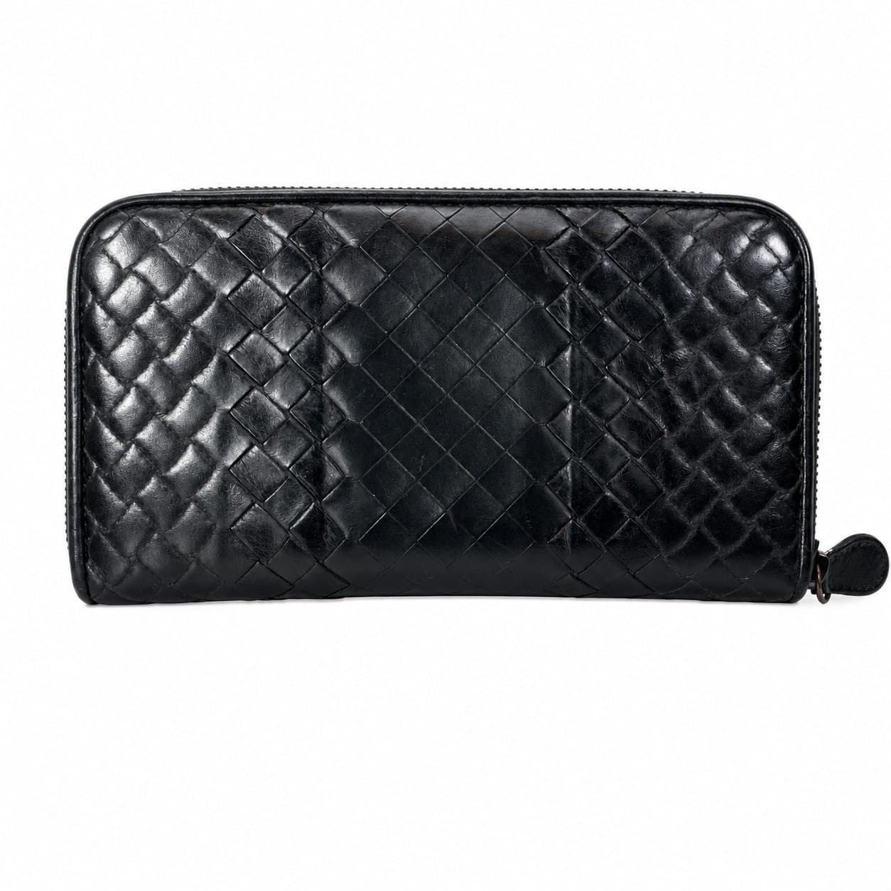 Bottega Veneta Intrecciato Woven Leather Zip Around Wallet Black