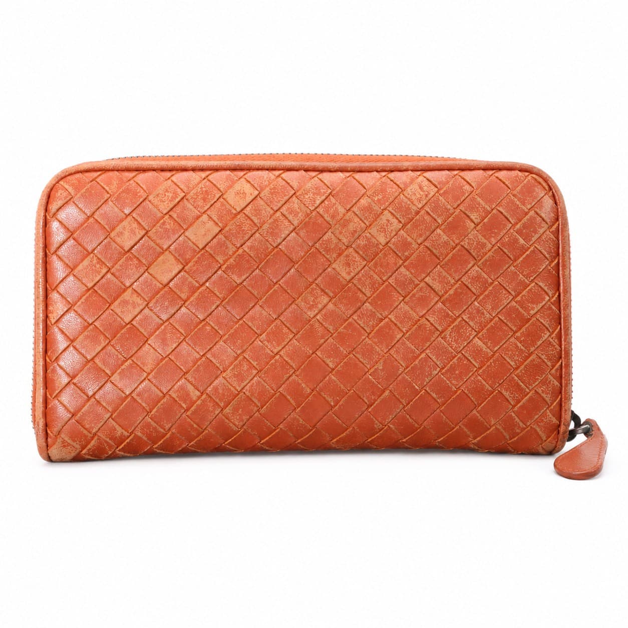 Bottega Veneta Intrecciato Woven Leather Zip Around Wallet Orange