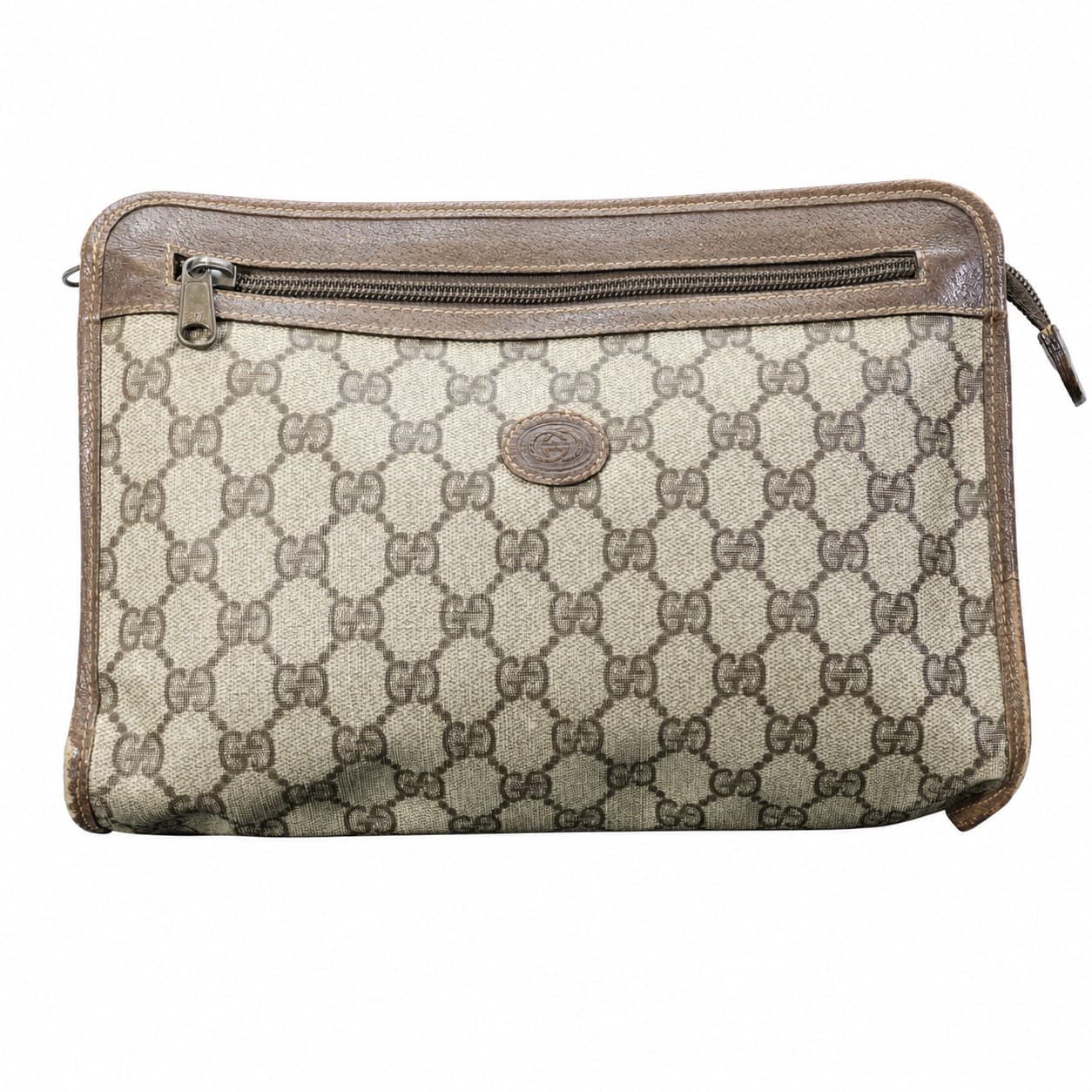 Gucci GG Supreme Canvas Leather Clutch Pouch Bag Handbag Purse Brown