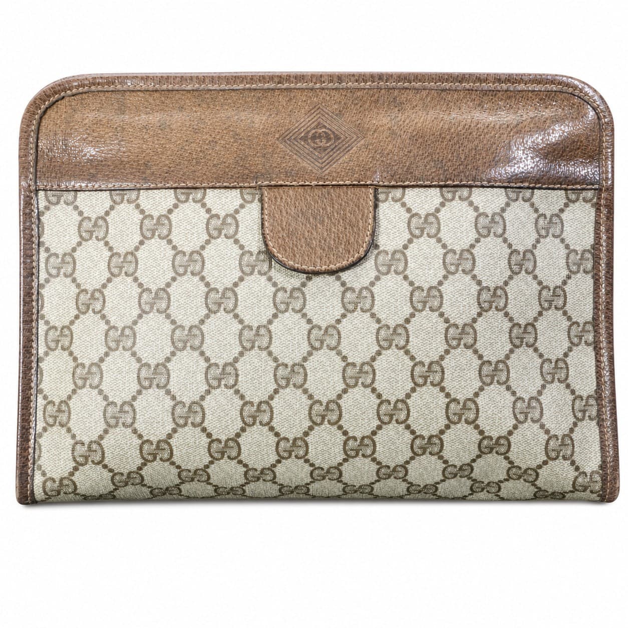Gucci GG Supreme Canvas Clutch Wallet Purse Brown Leather Vintage