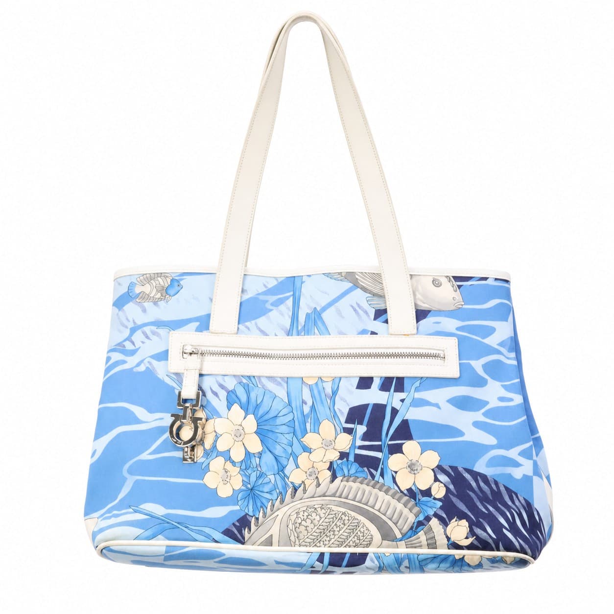 Salvatore Ferragamo Canvas Leather Tote Shoulder Bag Handbag Blue Floral Fish Print