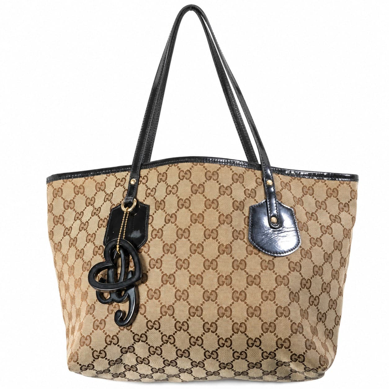 Gucci GG Canvas Tote Bag Handbag Purse Shoulder Bag Beige Brown Black Patent Leather