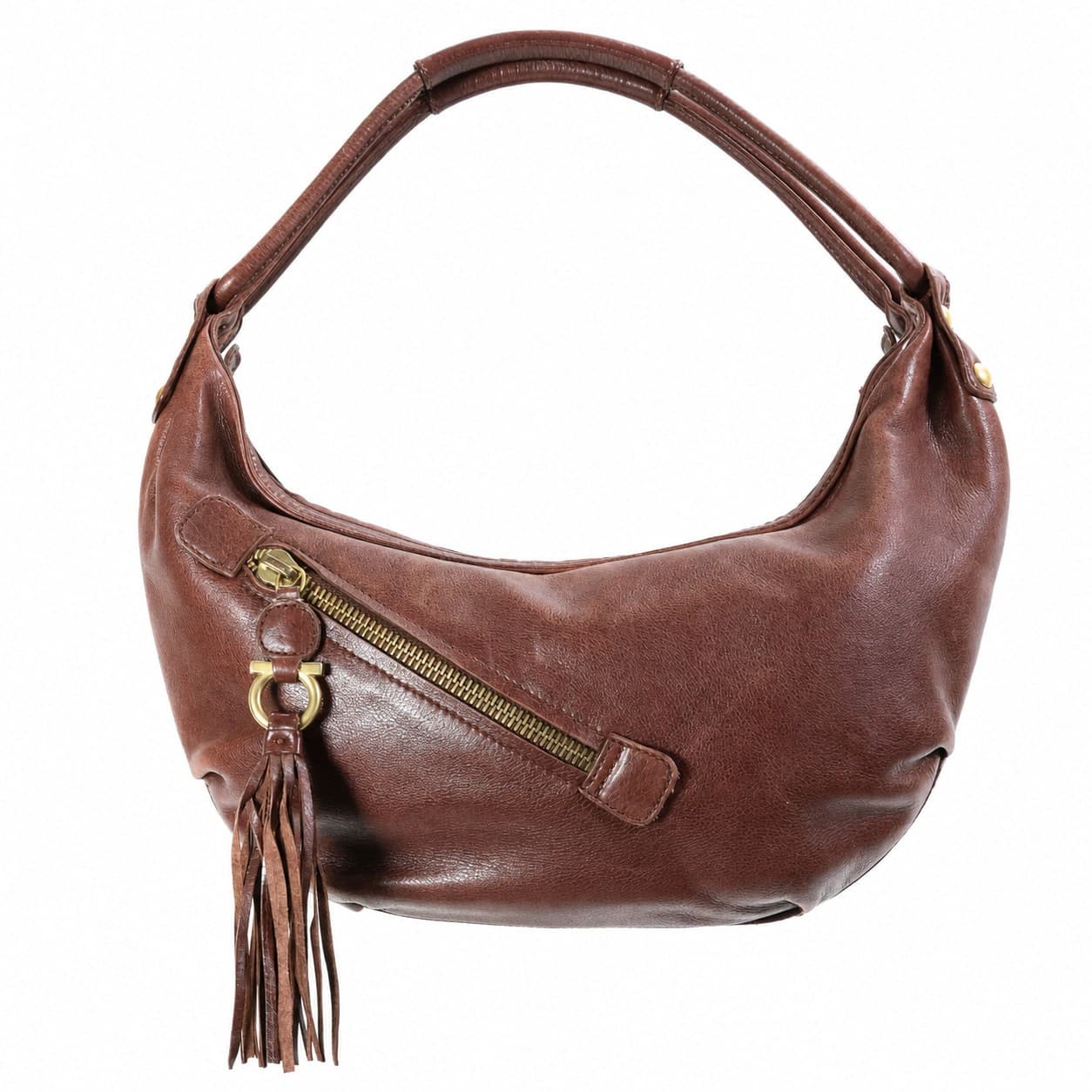 Salvatore Ferragamo Gancini Brown Leather Hobo Shoulder Bag Handbag Purse Tassel