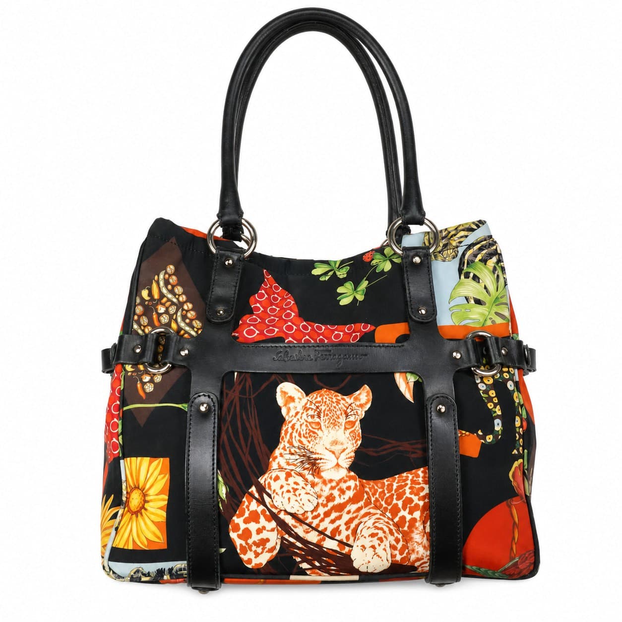 Salvatore Ferragamo Multicolor Print Canvas Leather Shoulder Bag Handbag Purse