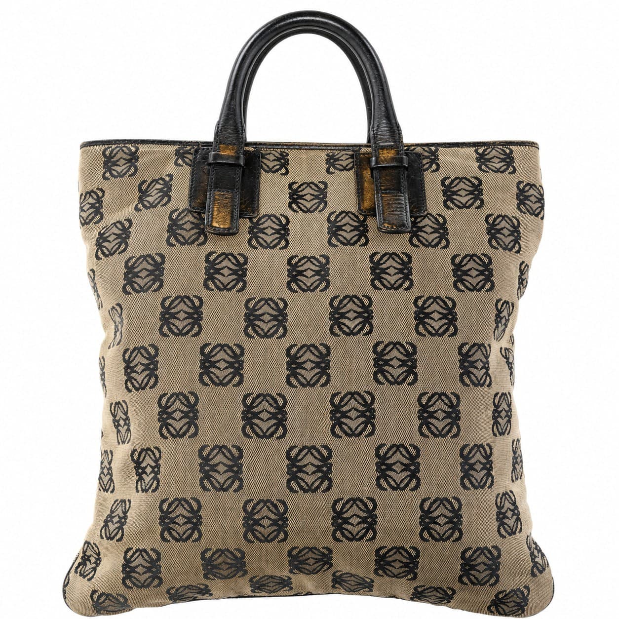 Loewe Anagram Canvas Tote Bag Handbag Purse Beige Black Leather