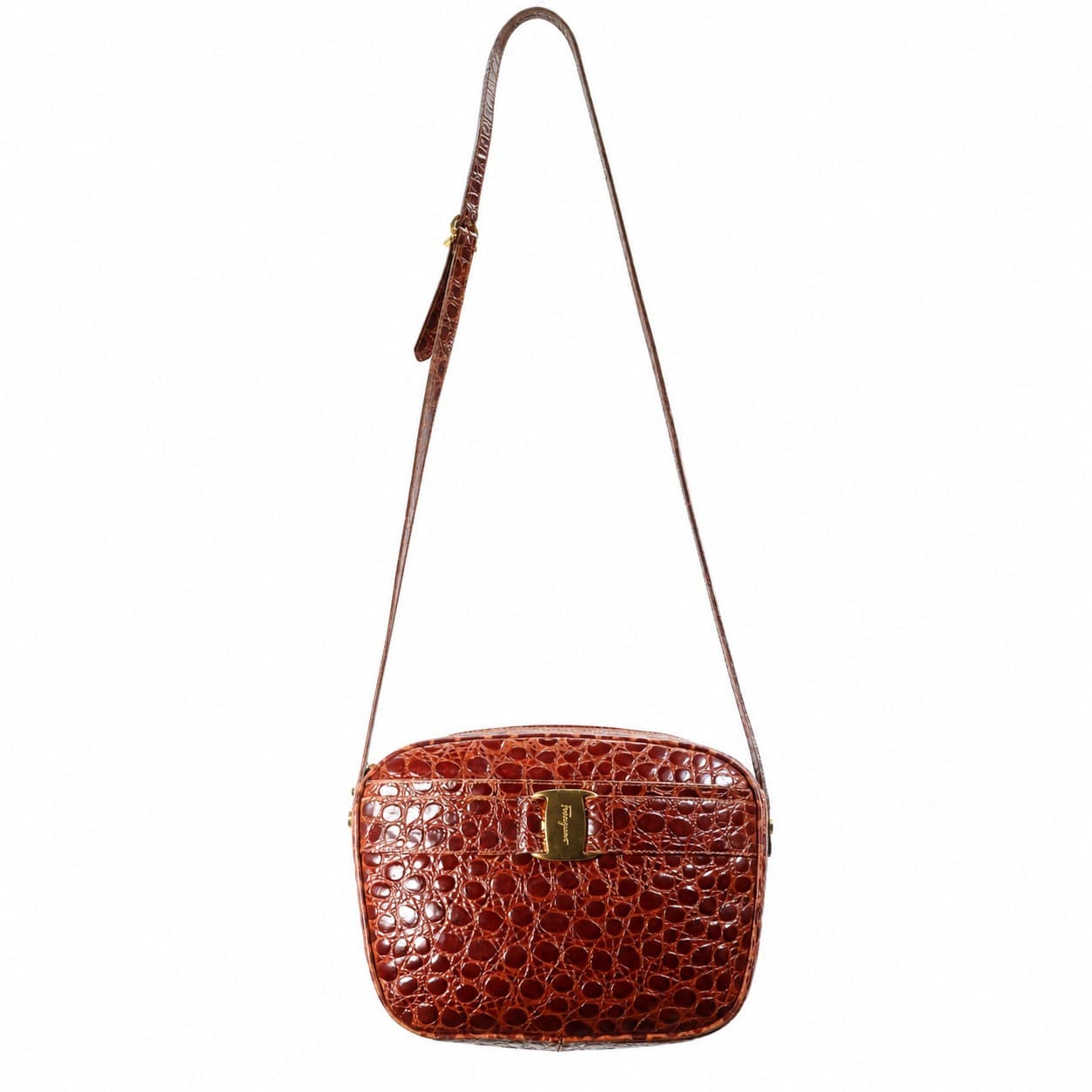 Salvatore Ferragamo Crocodile Embossed Leather Crossbody Shoulder Bag Camera Purse Cognac Brown