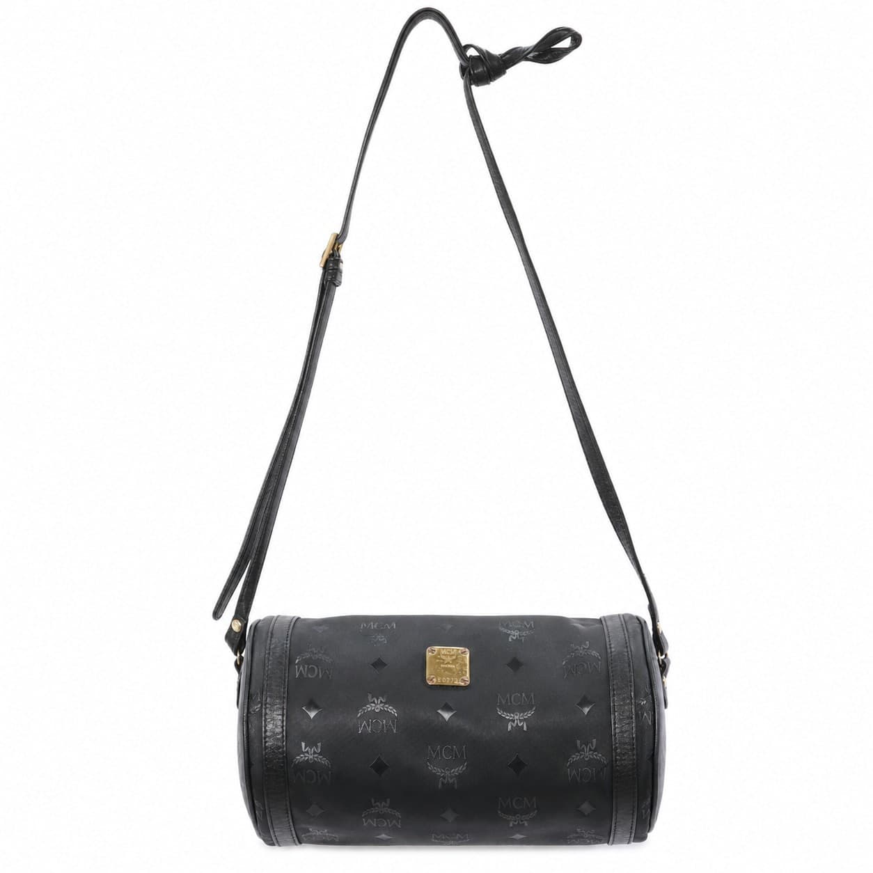 MCM Visetos Monogram Black Coated Canvas Leather Barrel Crossbody Bag Handbag Purse