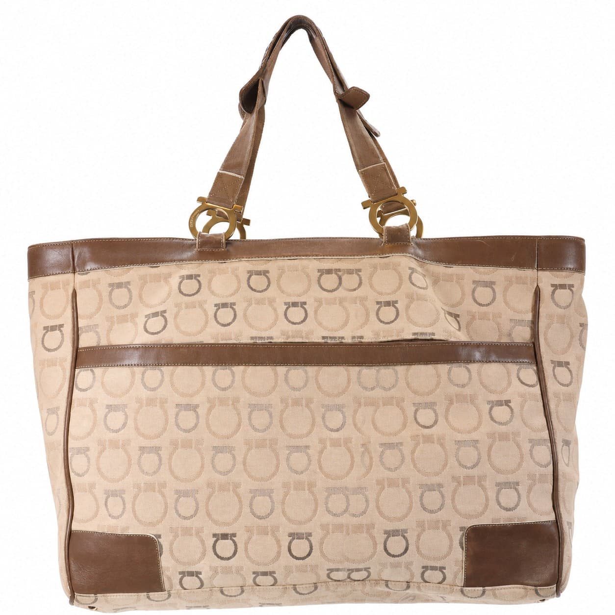 Salvatore Ferragamo Gancini Canvas Leather Tote Shoulder Bag Handbag Purse Beige Brown