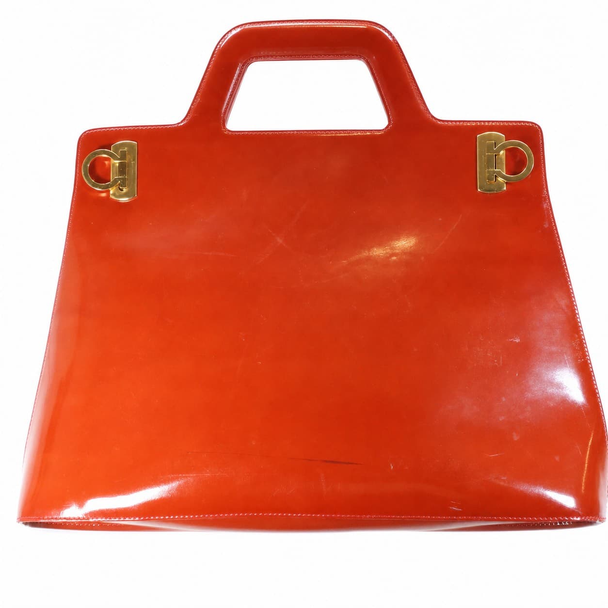Salvatore Ferragamo Patent Leather Red Gancini Top Handle Handbag Shoulder Bag handbags auction at Alighieri's