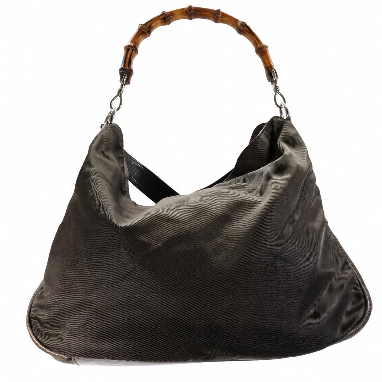 Gucci Bamboo Canvas Leather Hobo Shoulder Bag Purse Handbag Olive Green