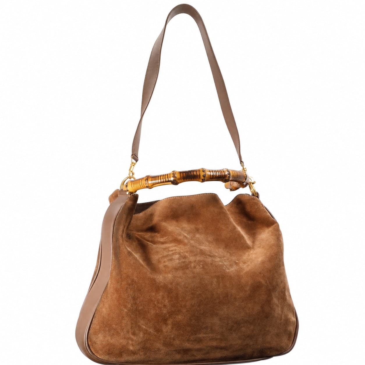 Gucci Bamboo Suede Leather Hobo Shoulder Bag Handbag Purse Brown handbags auction at Alighieri's