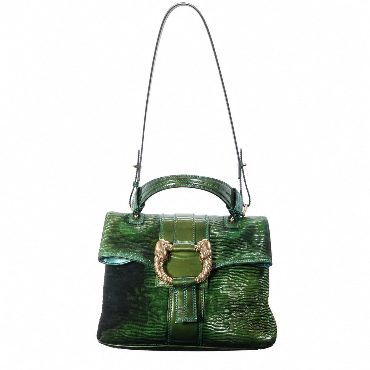 Bulgari Green Textured Patent Leather Handbag Purse Shoulder Bag handbags auction at Alighieri's