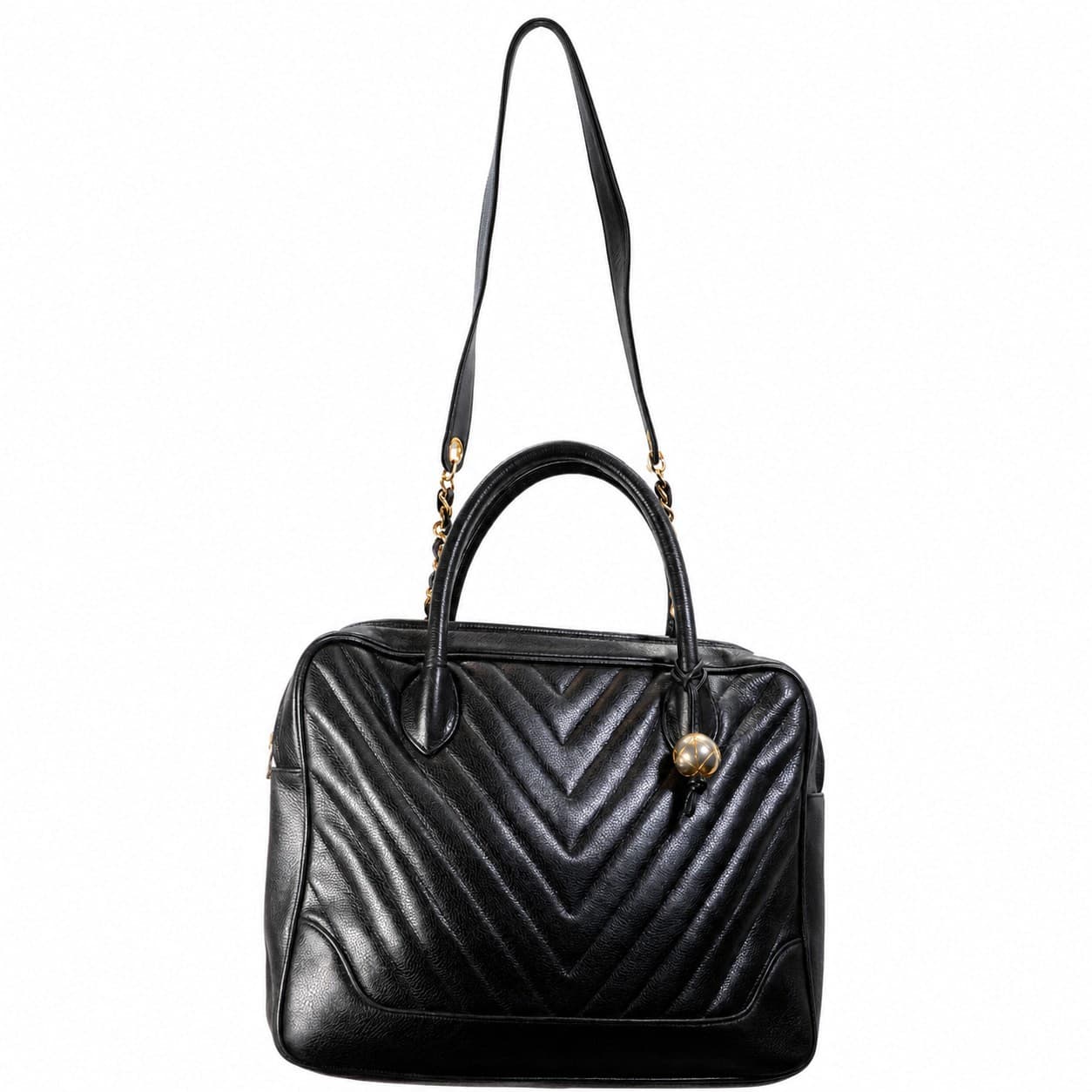 Chanel Chevron Quilted Black Leather Bowling Bag Handbag Purse Top Handle handbags auction at Alighieri's
