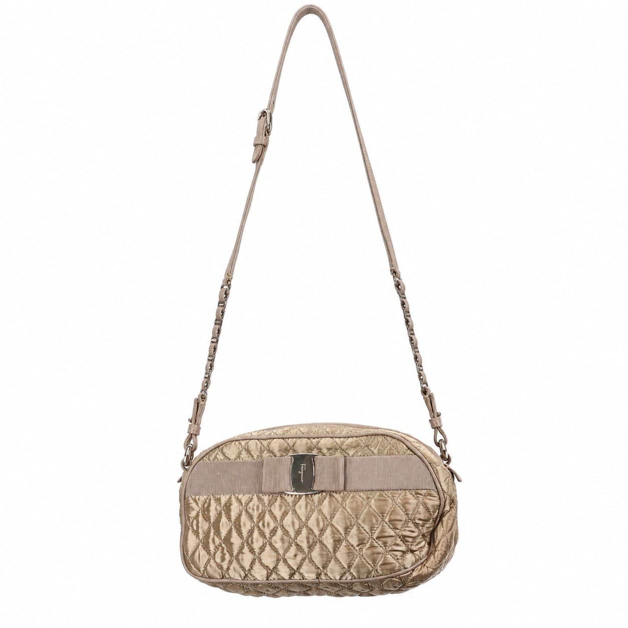 Salvatore Ferragamo Quilted Nylon Vara Bow Crossbody Shoulder Bag Handbag Purse Taupe