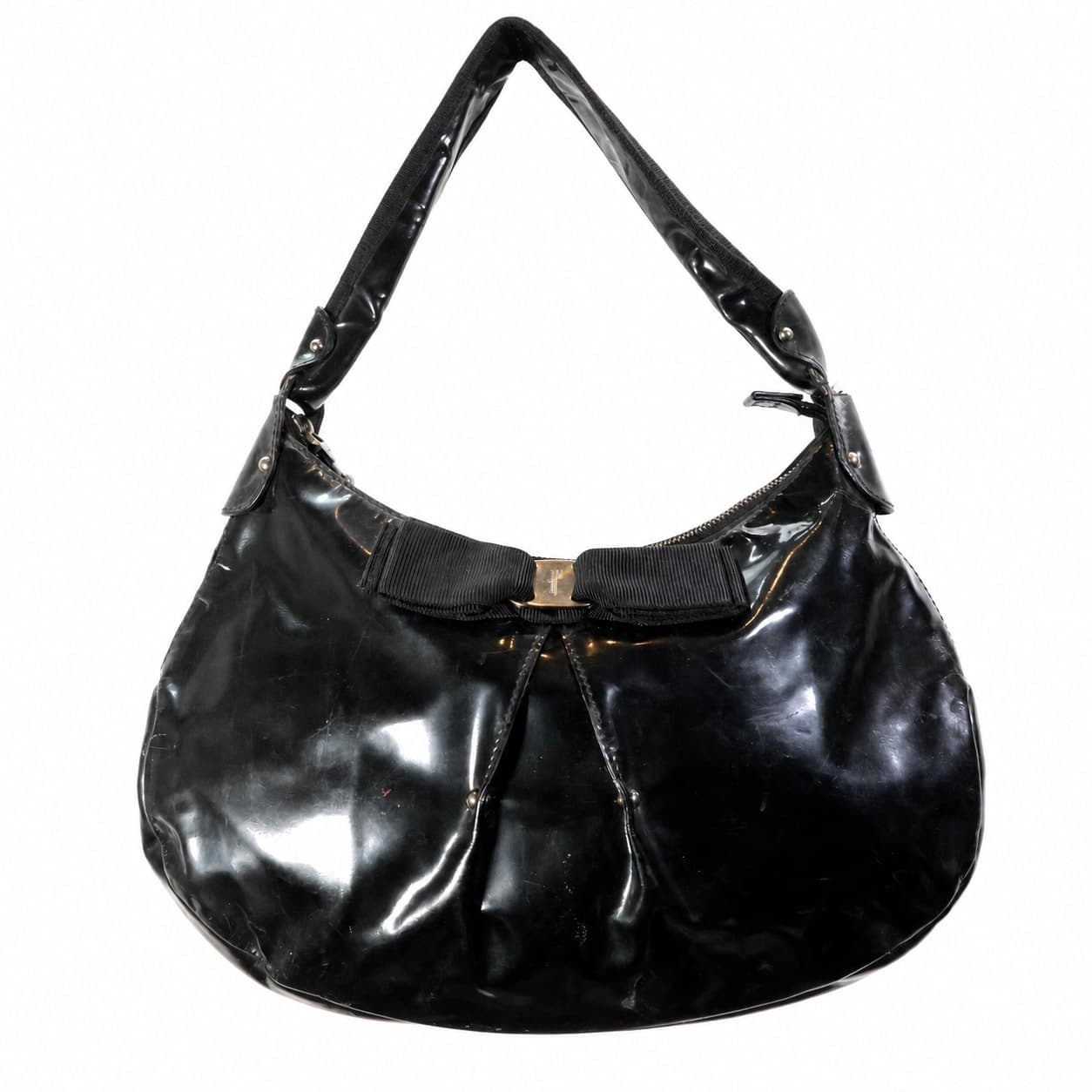 Salvatore Ferragamo Black Patent Leather Hobo Shoulder Bag Handbag Purse
