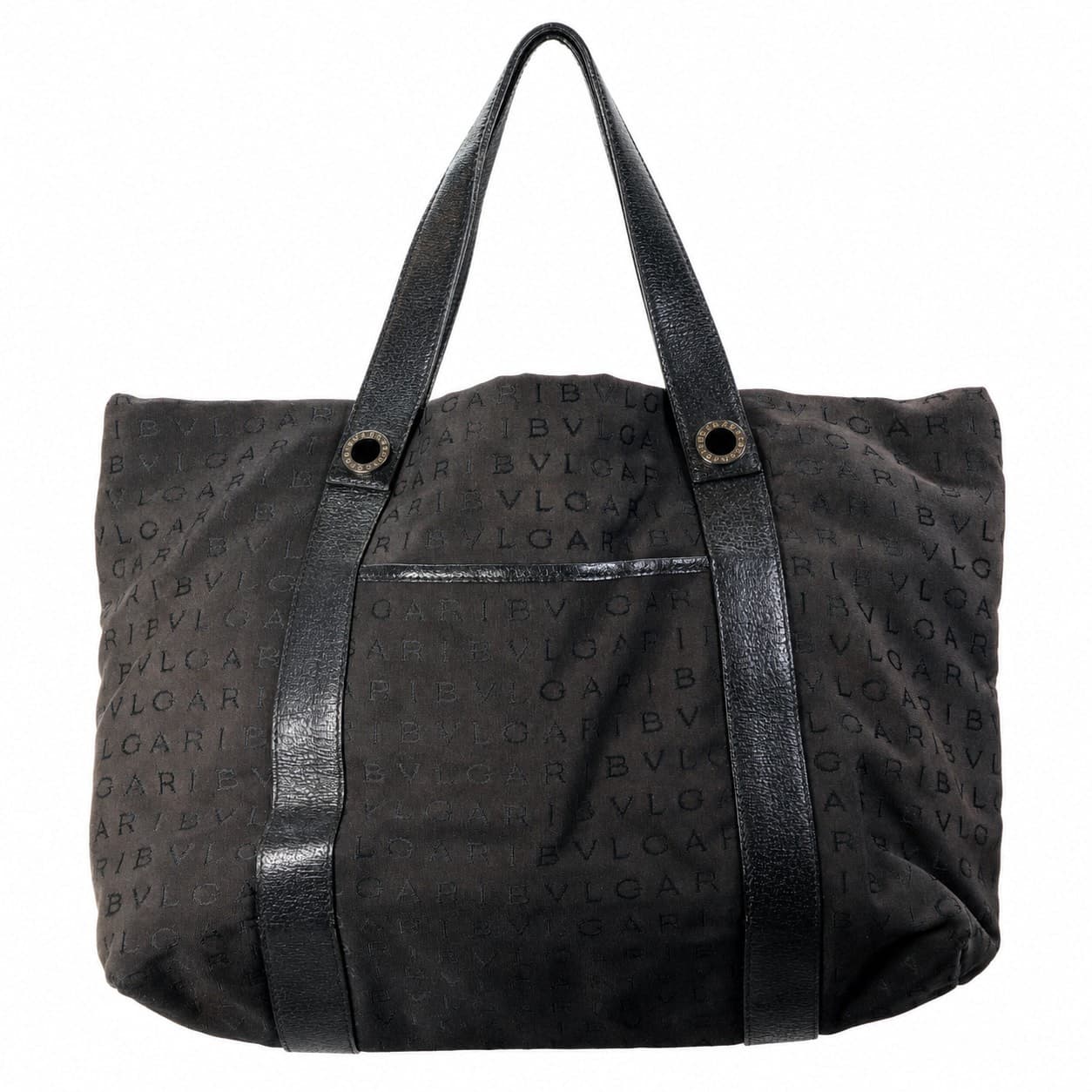 Bvlgari Logo Mania Canvas Leather Tote Bag Handbag Purse Shoulder Bag Black