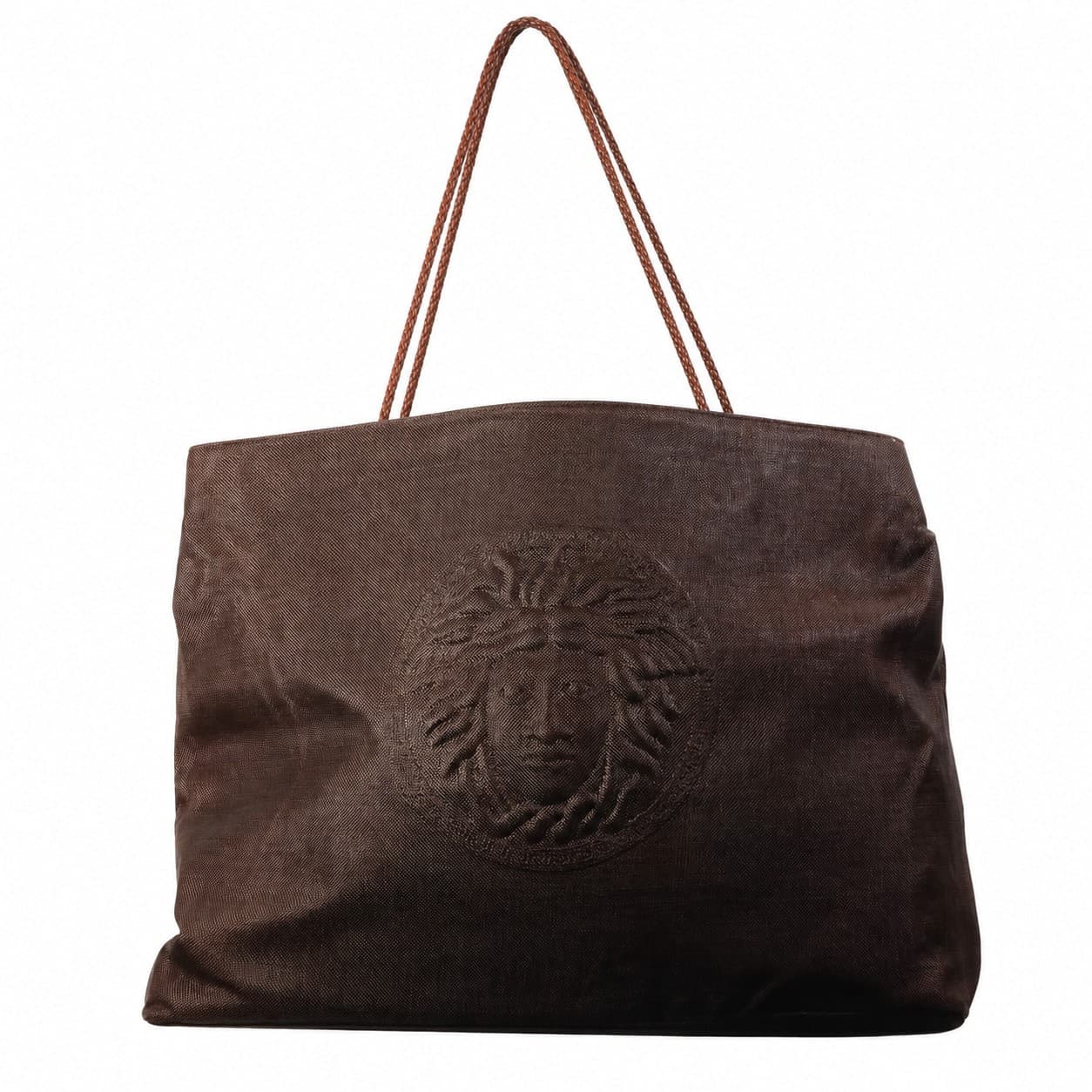 Gianni Versace Brown Canvas Medusa Embroidered Tote Bag Purse Shoulder Handbag