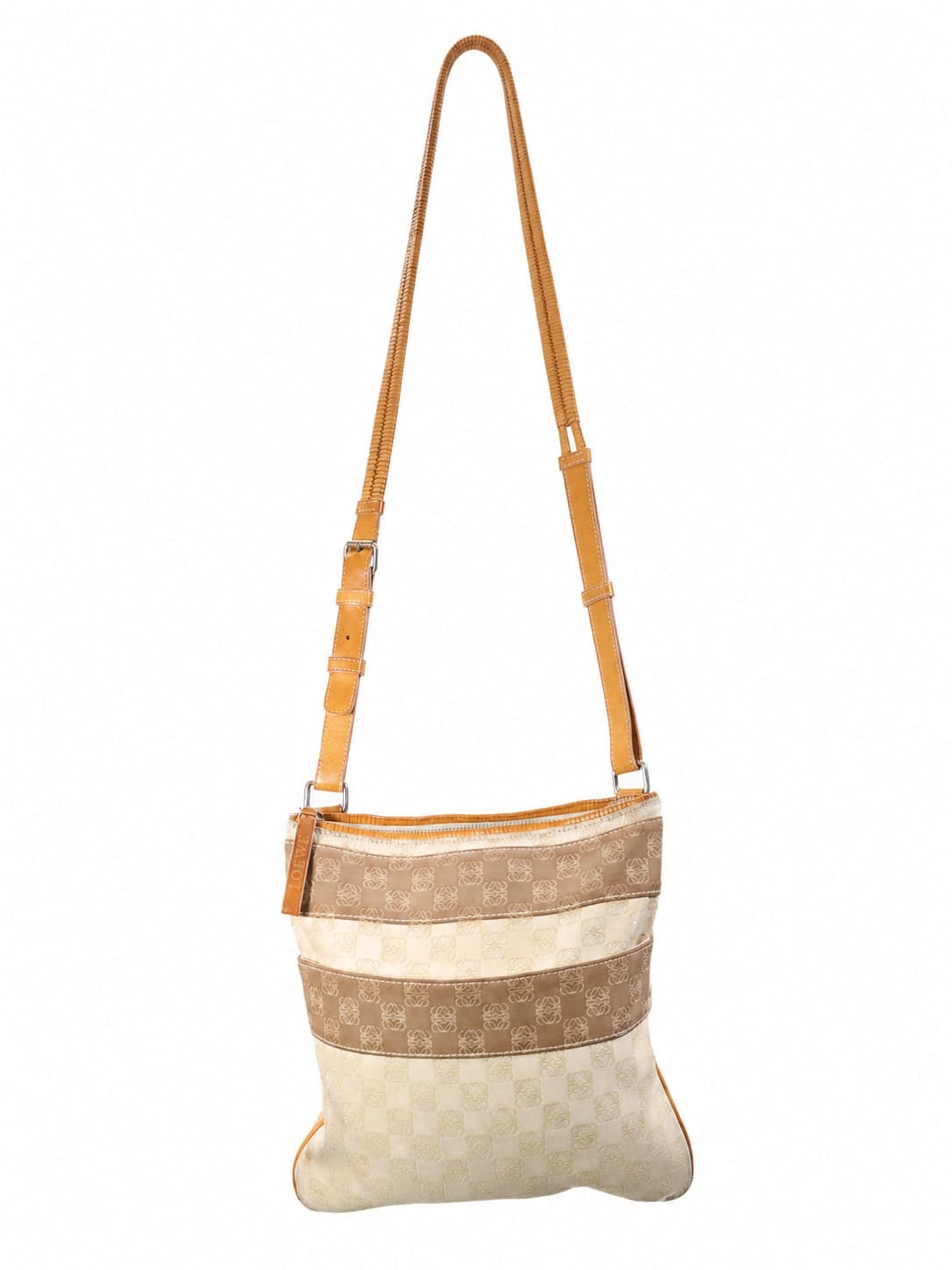 Loewe Anagram Canvas Crossbody Shoulder Bag Leather Trim Beige Tan Purse