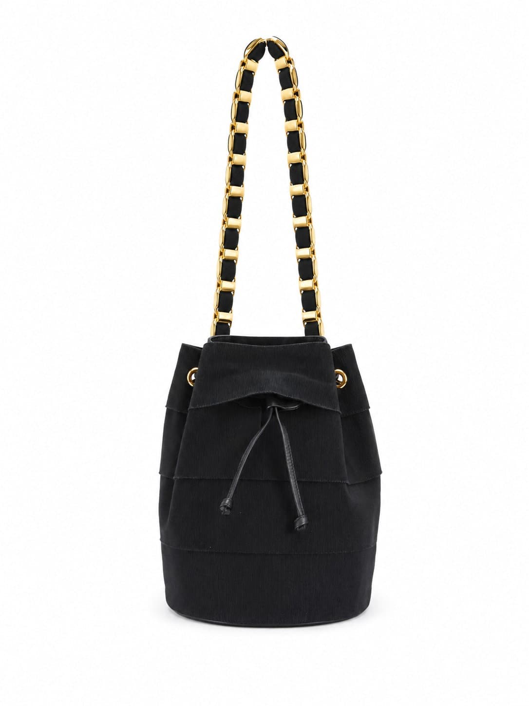 Salvatore Ferragamo Canvas Bucket Bag Drawstring Shoulder Bag Purse Black Gold Chain