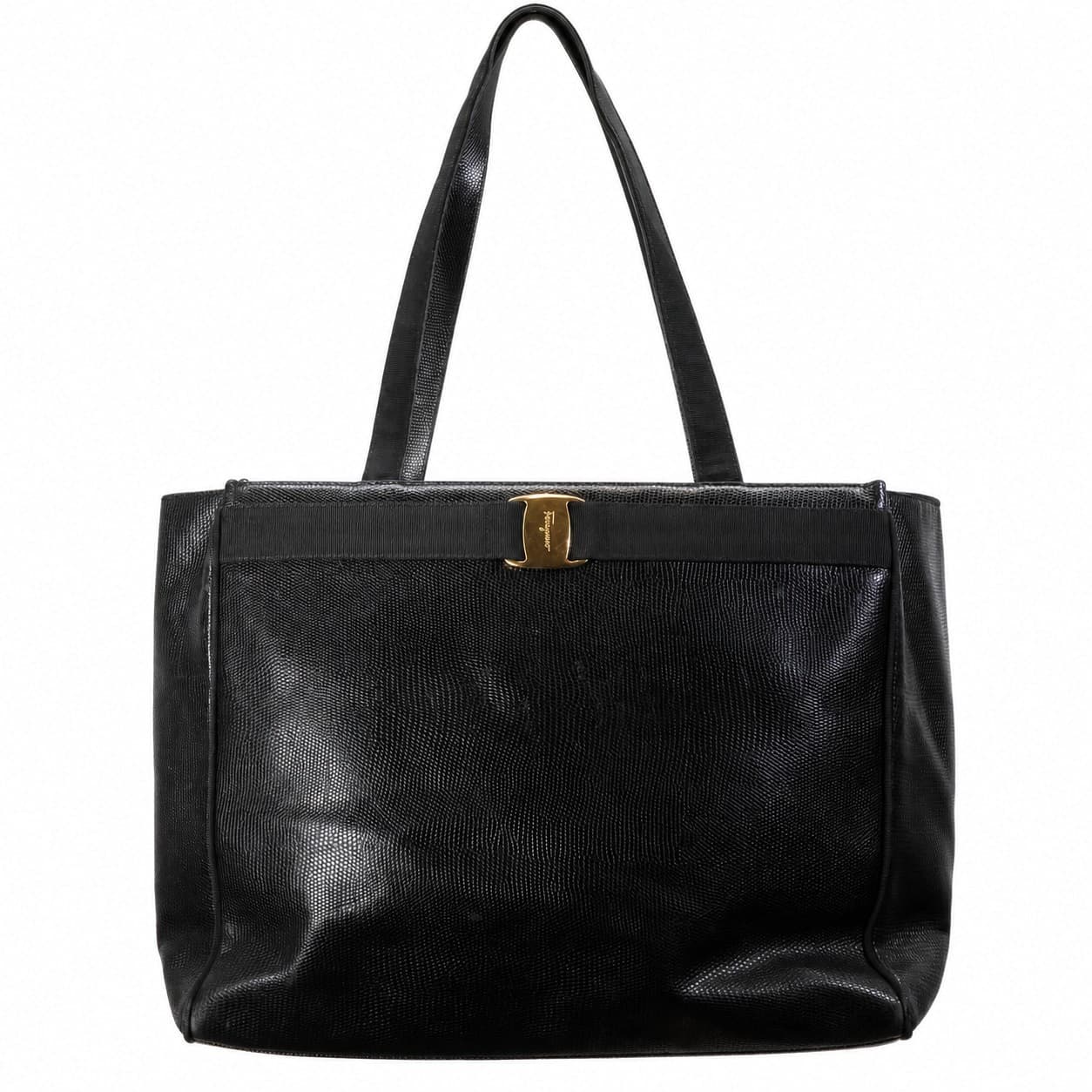 Salvatore Ferragamo Vara Bow Lizard Embossed Leather Black Tote Shoulder Bag Handbag Purse